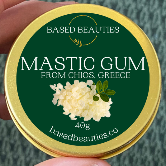 A 40-gram tin of Mastic Gum from Chios, Greece, by Based Beauties. 